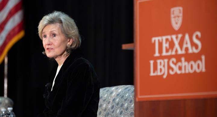 Kay Bailey Hutchinson speaking at an LBJ School event.