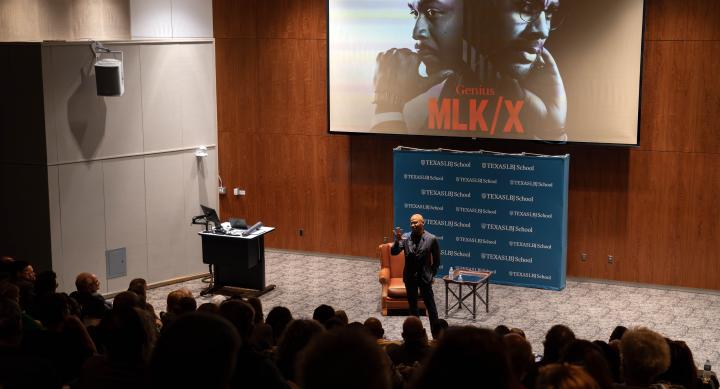 Dr. Peniel Joseph introduces Genius: MLK/X at a premier screening at the LBJ School