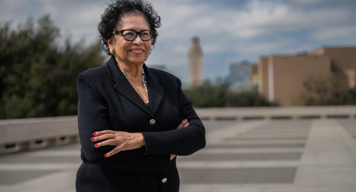 Dr. Ruth Simmons poses in front of the UT Tower at the annual Barbara Jordan National Forum